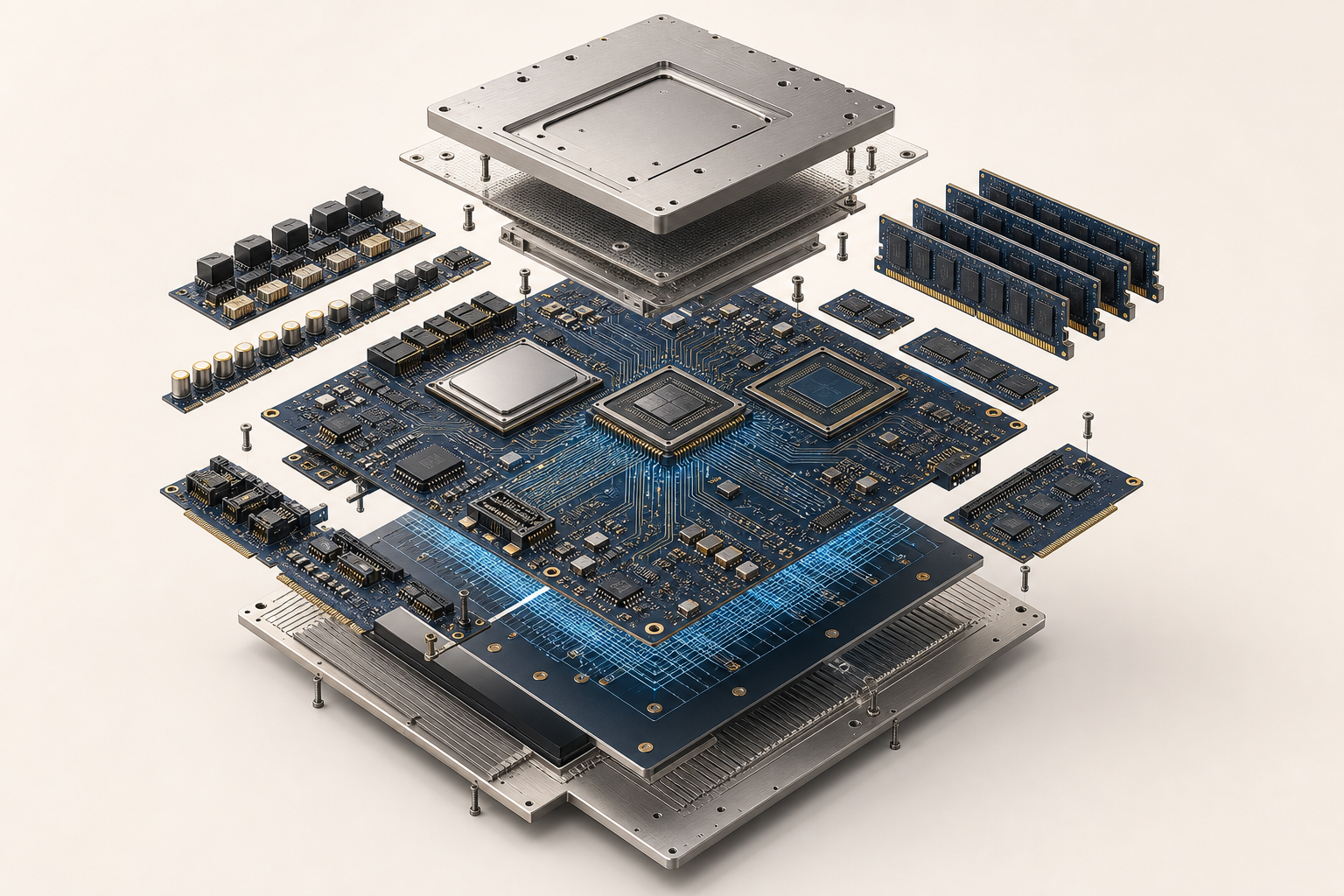Exploded technical architecture illustrating connected AI system components